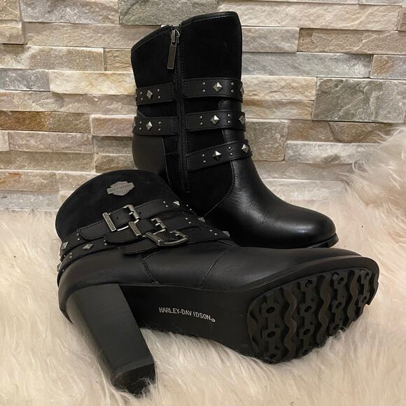 Harley-Davidson Studded Black Leather Boots 8.5 | NWOB, Triple Buckle, High Heel - Picture 4 of 12